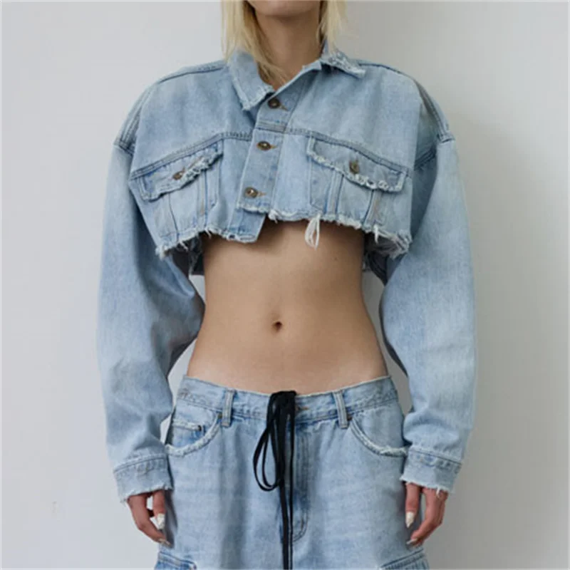 

Women's Denim Jacket 2023 Summer New Korean Fashion Navel Exposed Short Coat y 2k Vintage Washed Cotton Long Sleeved Top traf