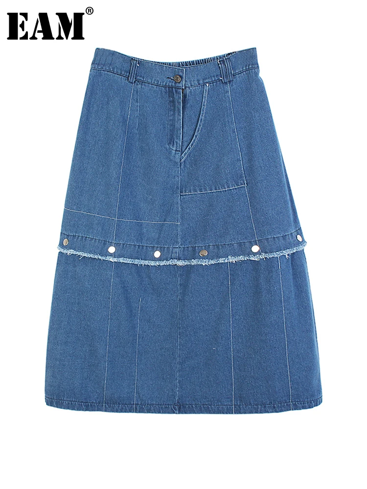 

[EAM] High Waist Blue Spliced Denim Hem Burr Eleagnt Long Half-body Skirt Women Fashion Tide New Spring Autumn 2023 1DE9870