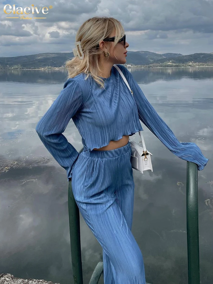 

Clacive Sexy Long Sleeve Crop Shirt Two Piece Sets Womens Bodycon Blue Pleated Pants Set Fashion Wide Trouser Suits Homewear