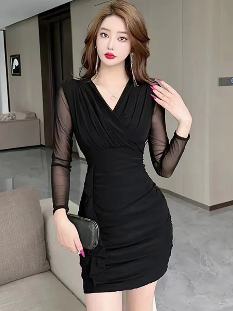 Женское розовое Сетчатое платье с длинным рукавом и V-образным вырезом