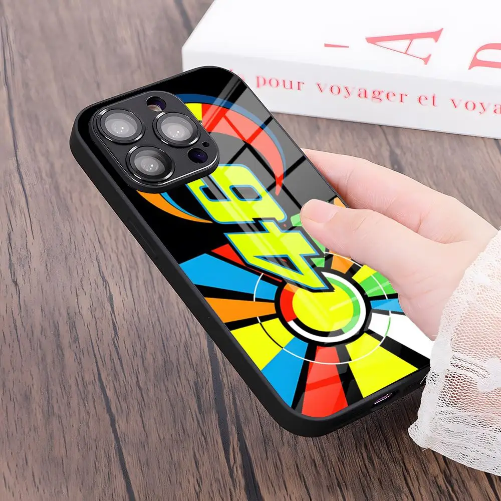 MINISO-Phone Case V-ValentinoS R-Rossies 46 For IPhone 15 Pro 16 14 13 12 11 Mini X XS XR Max Glass Design Cove