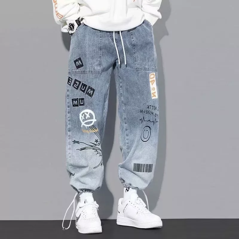 2022New Korean Version of Jeans Men's Autumn New Letter Print Jeans Men's Trendy Brand Loose Cartoon Graffiti Drawstring