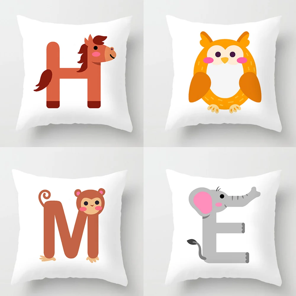 

Cute Animal English Alphabet Cushion Case Cover White Pillowcases Children Gift Pillow Case Home Garden Sofa Party Decor Coussin