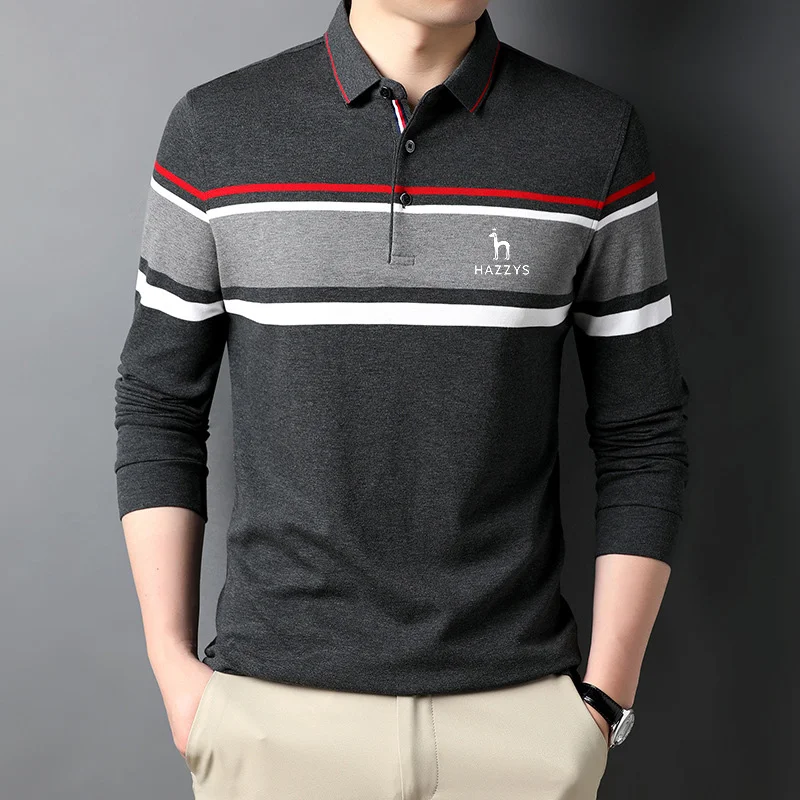 

Мужская одежда для гольфа HAZZYS, сезон осень-зима, тонкая полосатая рубашка-поло с длинным рукавом, Корейская версия, цветная рубашка с лацканами в стиле пэчворк, 2023