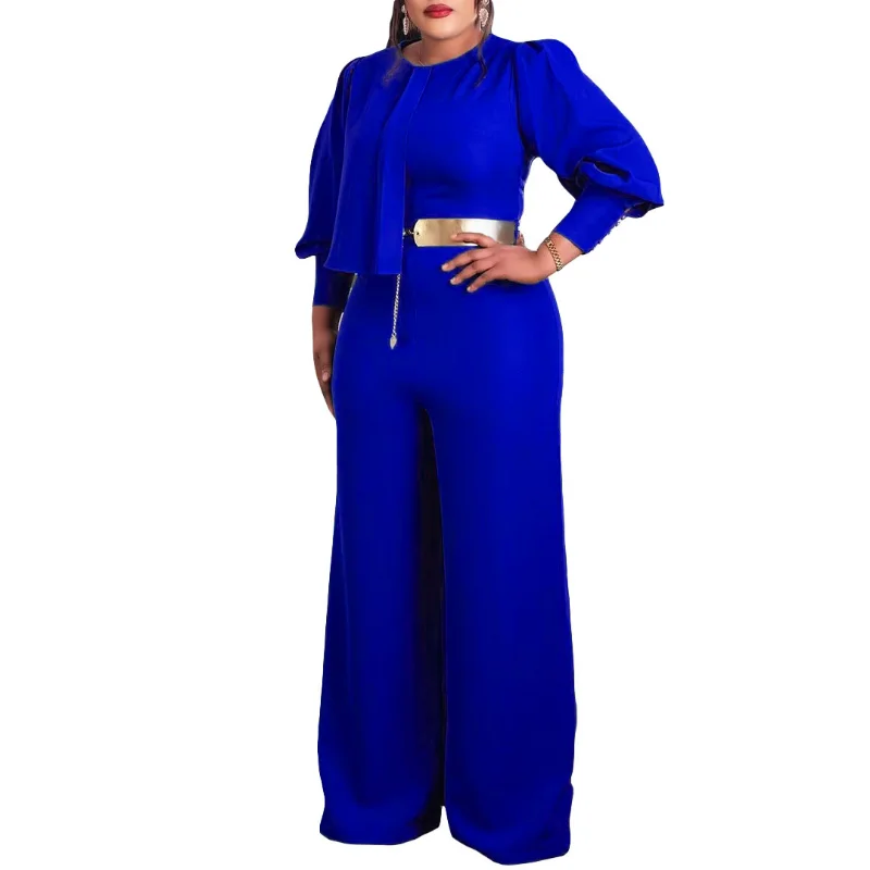 Elegant Women Wide Leg One Piece Jumpsuit Long Sleeve Chic Metal Belt Straight Pants Overalls Rompers Casual Party Office Work