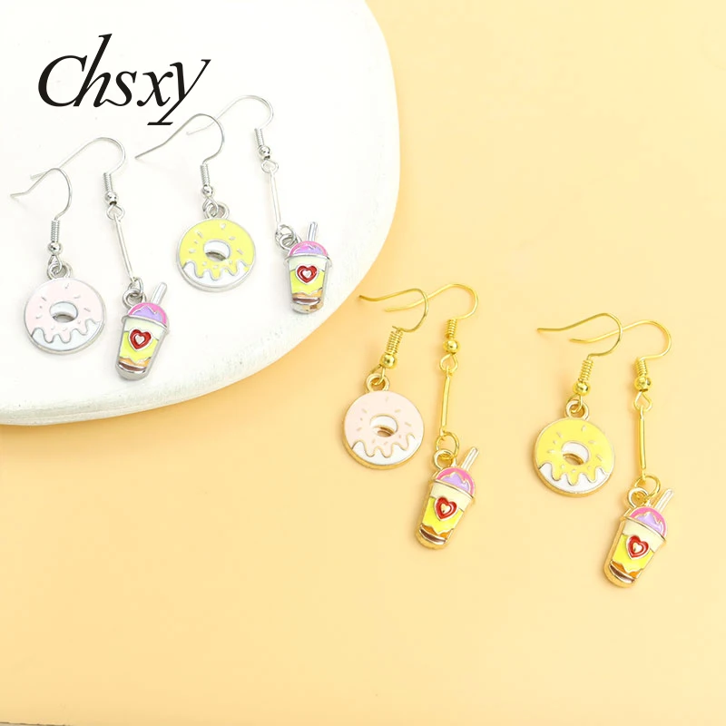 

Cute Doughnut Milk Tea Enamel Drop Earrings Colorful Asymmetrical Dessert Drip Oil Dangle Earrings For Girl Fashion Jewelry Gift