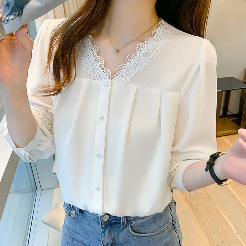 

Spring Summer Women Long Sleeve Commuter V-neck Solid Chiffon Shirt Women Tops Blouse Women Vetement Femme Chic Elegant C374