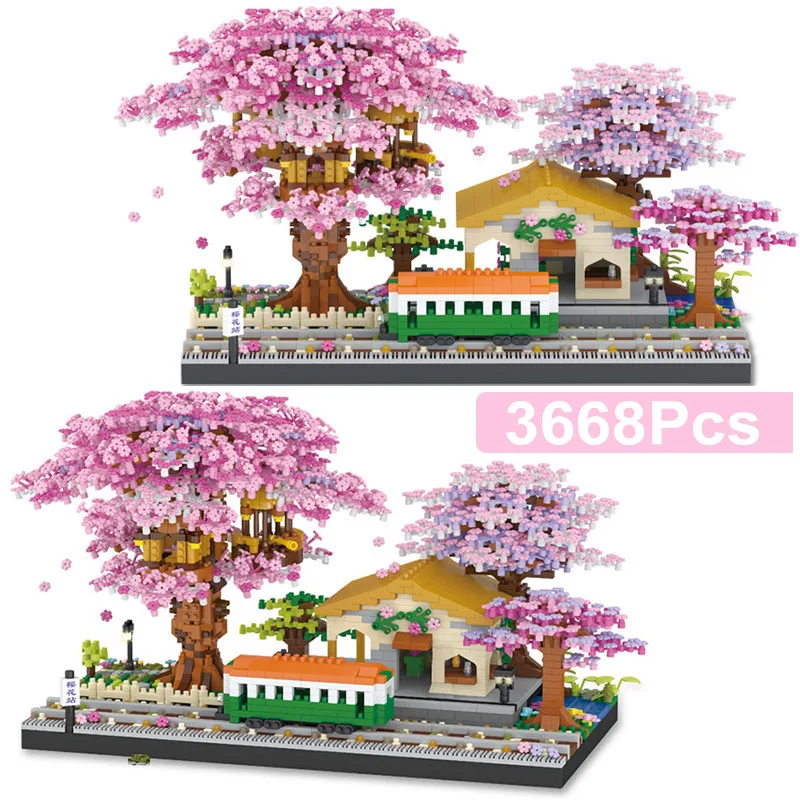 

Creative Micro Sakura Tree House Train Railway Station Model Building Blocks Japanese Cherry Street View With Figures Bricks Toy