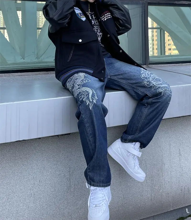 Jeans men's and women's retro blue embroidered dragon pattern jeans high-waisted loose and thin drapey mopping pants