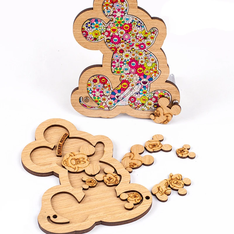 

Wooden Mickey Mouse Jigsaw Puzzles Disney Shaped Takashi Flower DIY Puzzle Creativity Imagine Decompression Toys For Adult Kids