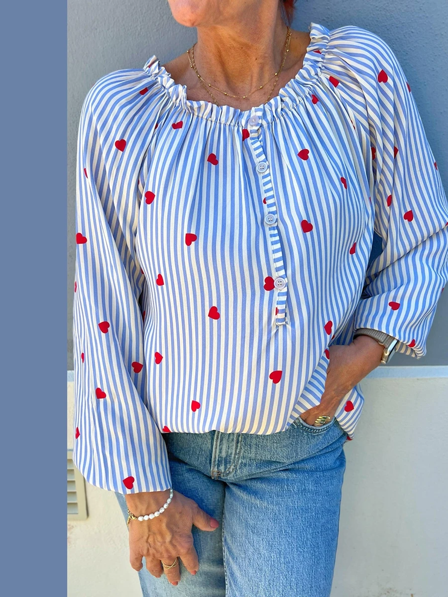 Женские топы с принтом в полоску сердца свободные рубашки длинным рукавом и