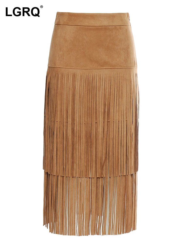 

LGRQ 2023 New Trendy Denim Style Tassel Design Half Skirt High Quality Fashion Solid Color Women's Street Wear Versatile 19F1353