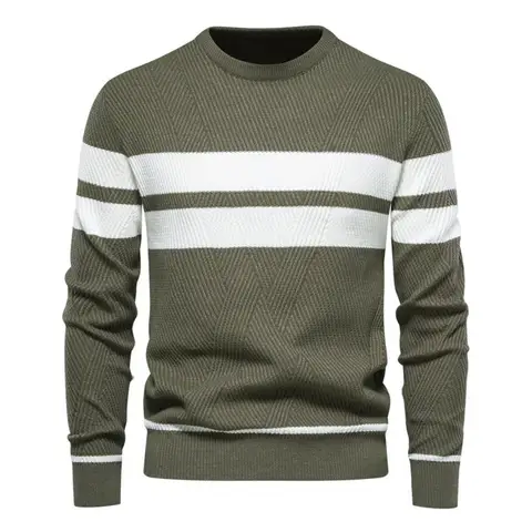 Мужской свитер, осенне-зимний пуловер с круглым вырезом и длинными рукавами, свитер, цветные теплые вязаные топы в полоску с пэчворком, мужская одежда