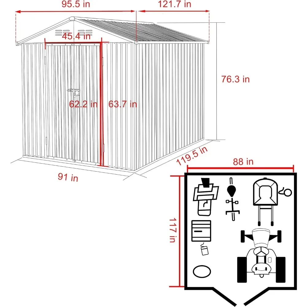 Сарай 8x10 футов из утолщенной оцинкованной стали уличный сарай с запираемой
