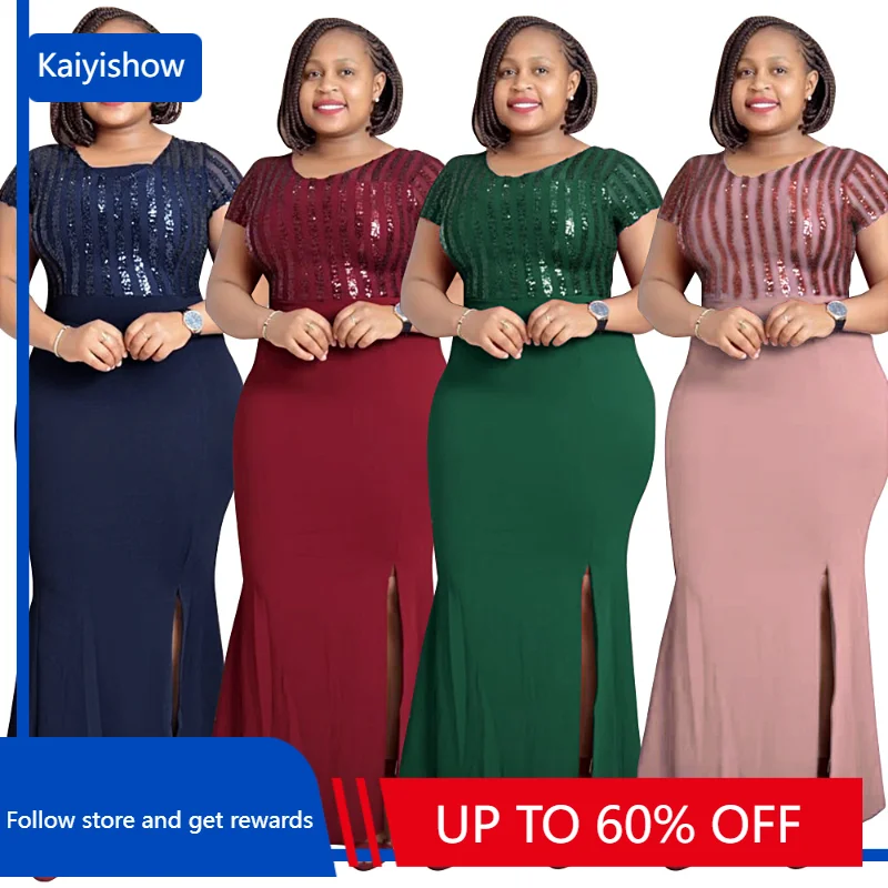 

Summer Elegant African Short Sleeve O-neck Sequined Polyester Wedding Party Maxi Robe African Clothes African Dresses for Woman