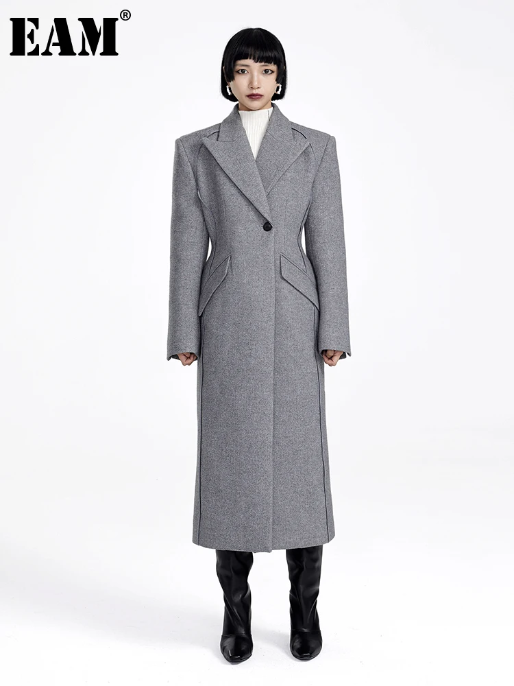 

[EAM] Loose Fit Gray Button Elegant Long Warm Woolen Coat Parkas New Lapel Long Sleeve Women Fashion Autumn Winter 2023 1DF3940