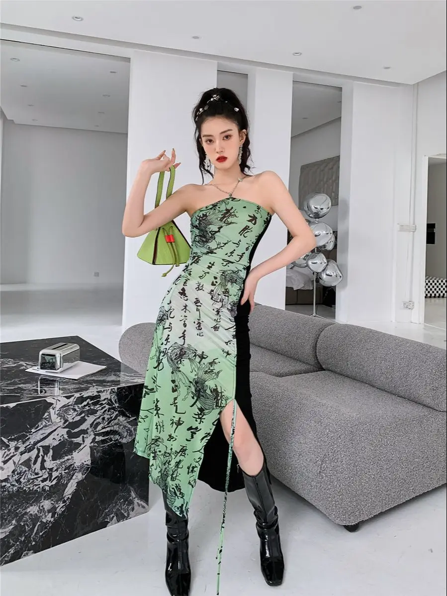 

ZCSMLL Handwriting Designer Bodycon Halter Neck Dress For Women 2022 High Fashion Patchwork Long Drawstring Slit Dress Cloting