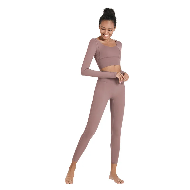 Lulu Women Sports Top Crop With Chest Pad Crop Navel Fitness Long Sleeves Round Neck Backless Yoga Shirt Running T-Shirt