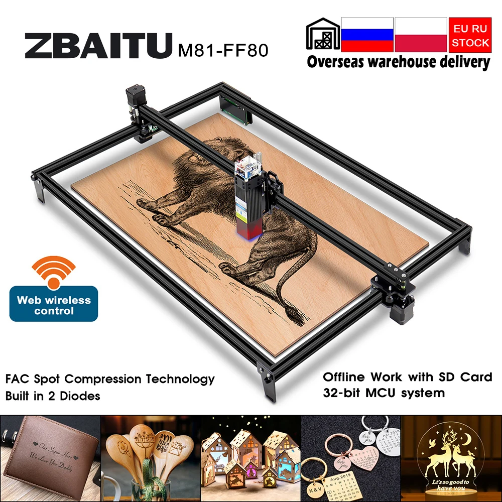 ZBAITU CNC WiFi Laser Engraver Cutter Cutting Engraving Machine Router Lightburn Grbl Control Mobile Phone M81-FF80W