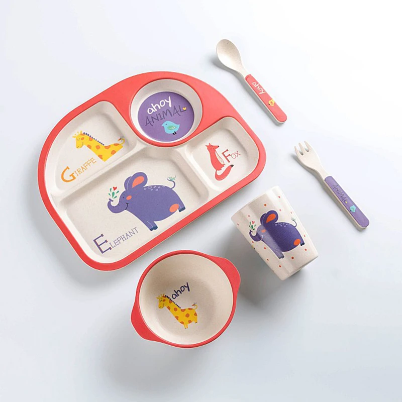 

5Pcs/Set Baby Tableware Toddle Cute Cartoon Feeding Dishes Kids Fruit Plates Dinner Bowl Spoon Fork Children Training Dinnerware