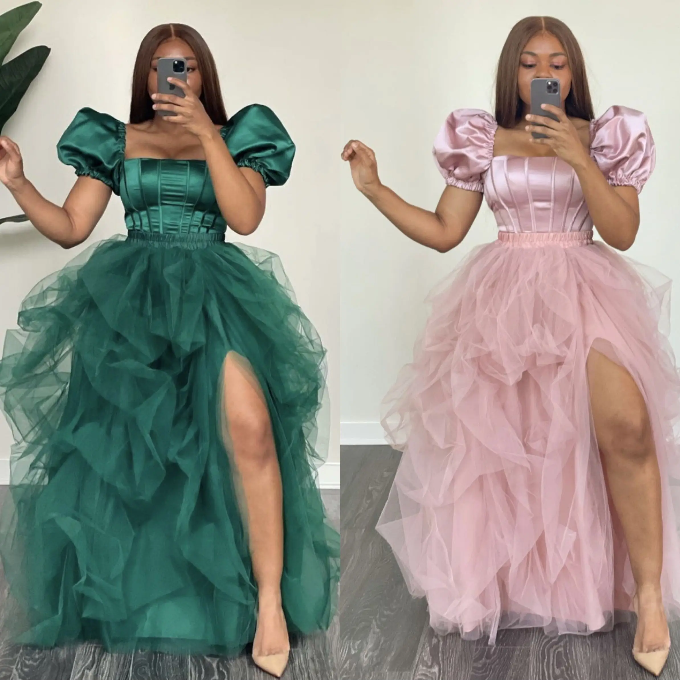 

Puffy Prom Dresses Lush Slit Short Sleeves Layered Long Party Gown Birthday Dress Pink Tulle Square Neckline Special Designs