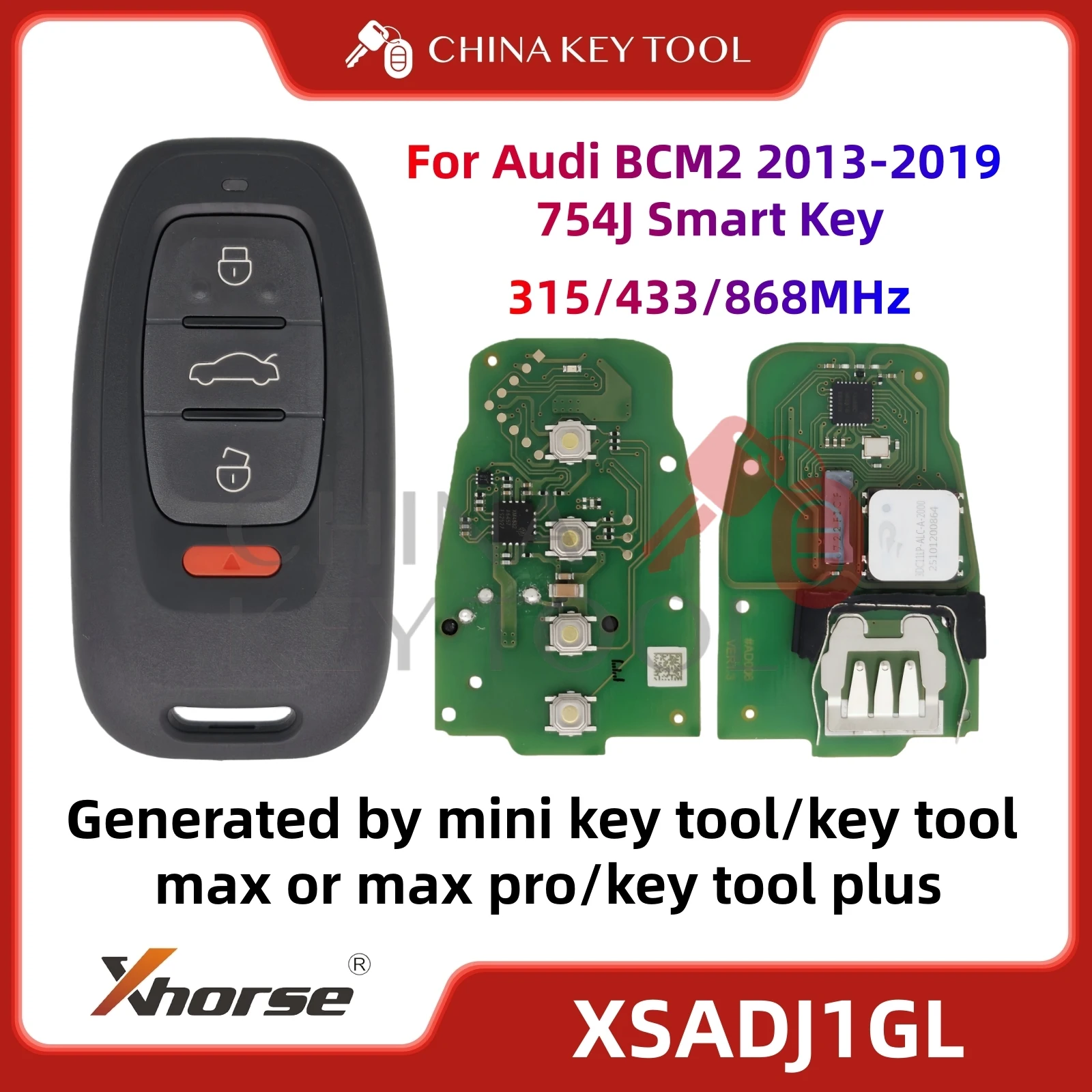 

Новая версия 2026 года: Смарт-ключ Xhorse VVDI XSADJ1GL 315/433/868 МГц для Audi BCM2 2013-2019 754J, работает с адаптером VVDI Audi BCM2