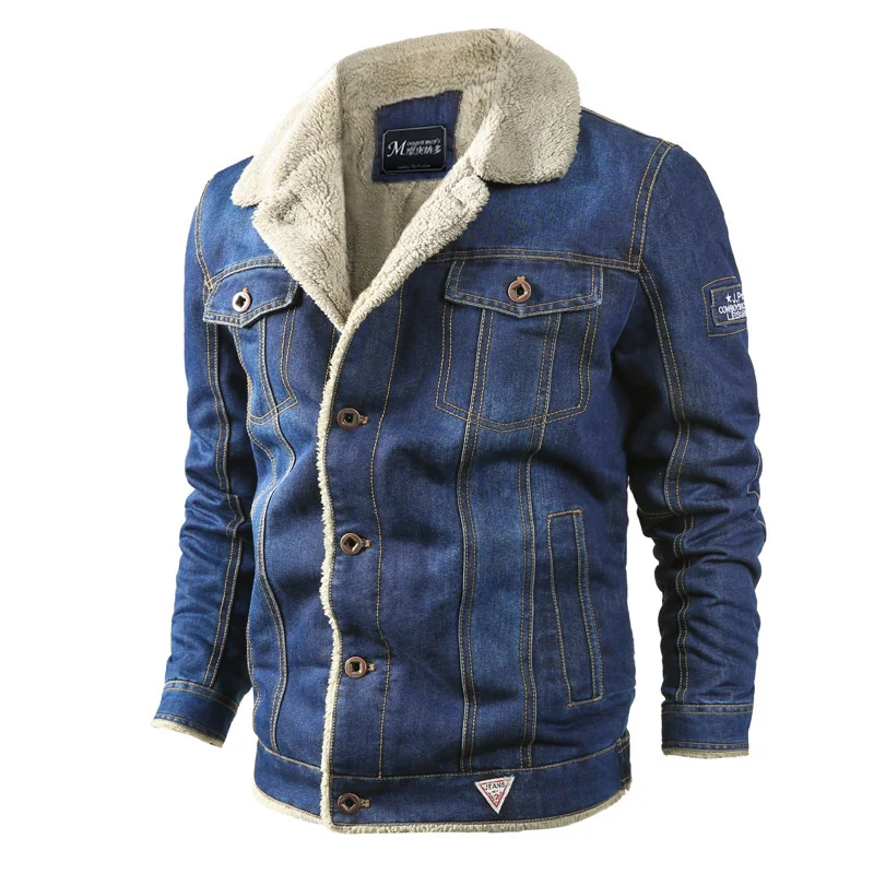 

Plus Velvet Thick Denim Jacket Men Casual Lapel Cotton Single Breasted Jeans Jacket Fur Collar Warm Winter Slim Fit Mens Coats
