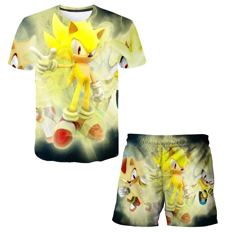 New boys and girls super sonic T-shirt Harajuku Sonic print suit T-shirt + shorts fashion street style children's short sleeves images - 6