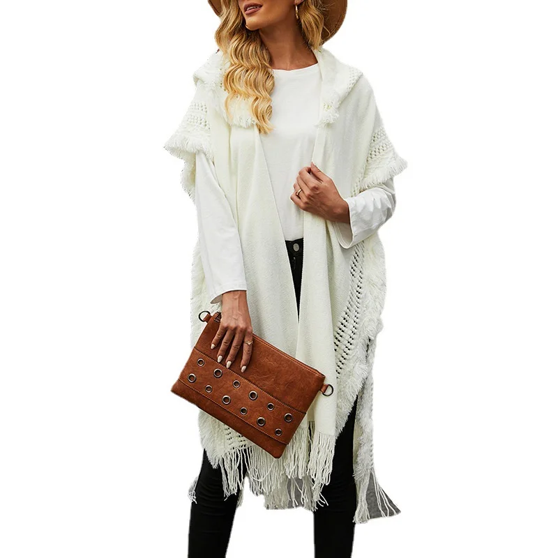 

Autumn Winter Women Soft V-Neck Solid Tassel Openwork Knit Cape Sweater Shawl Top Loose Hooded Cardigan Cloak Coat Lady Smock