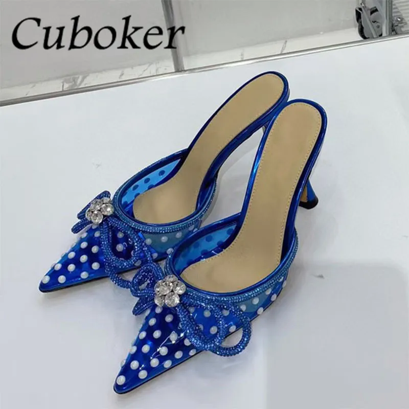 

2022 Summer PVC Crystal High Heel Slippers For Women Point Toe Sexy Pearl Stiletto Women Sandals Sexy Runway Ladies Shoes