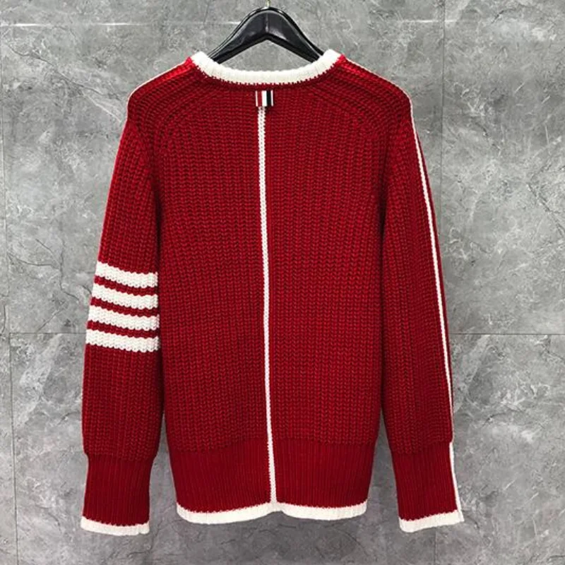 

TB New Sweaters Men Red Pullovers Clothing Women Slim O-NeckStriped Wool Cotton Thick Winter Couple Casual Coat Christmas