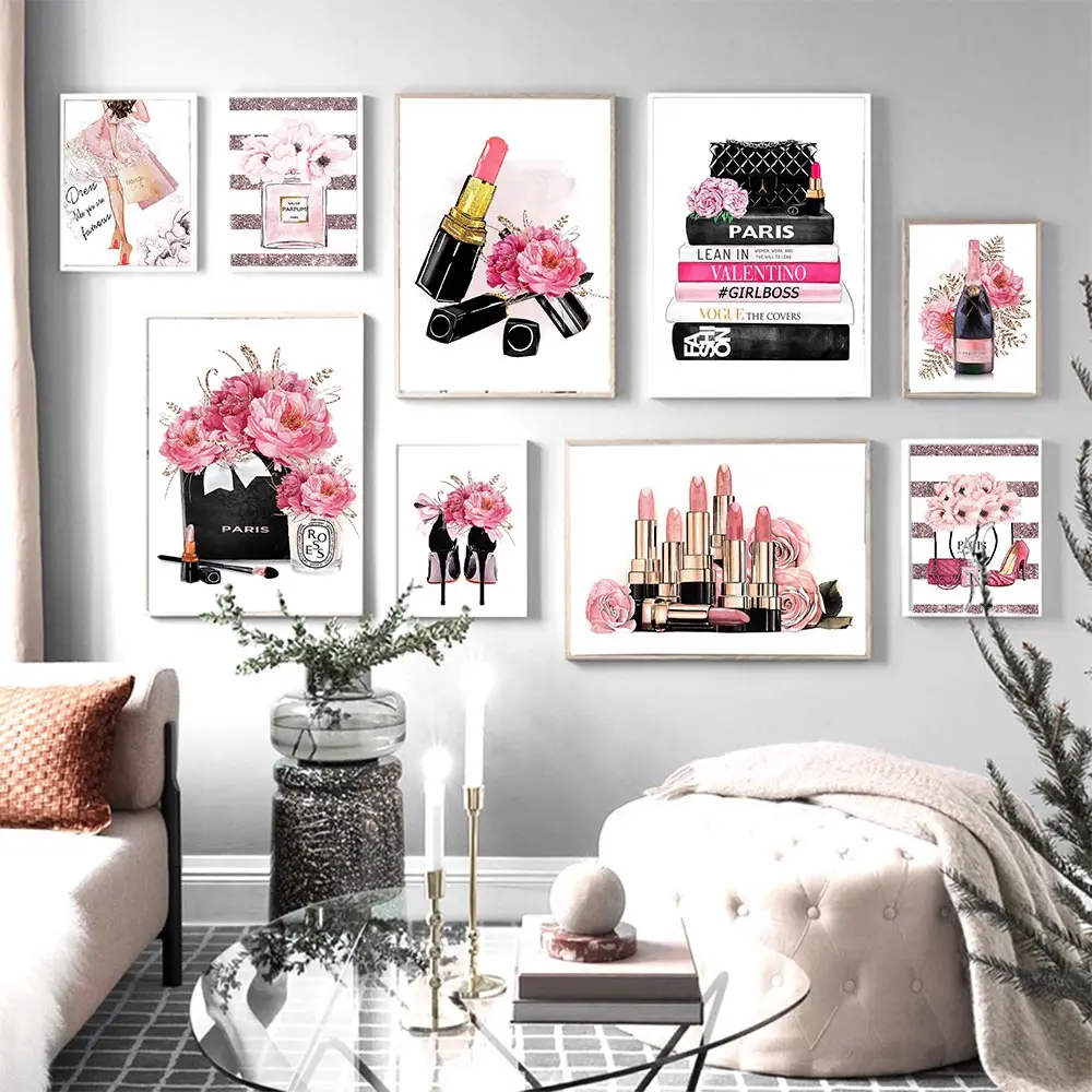 

Pink Flower Perfume Fashion Lipstick Makeup Art Canvas Painting Nordic Posters And Print Wall Picture For Living Gril Room Decor
