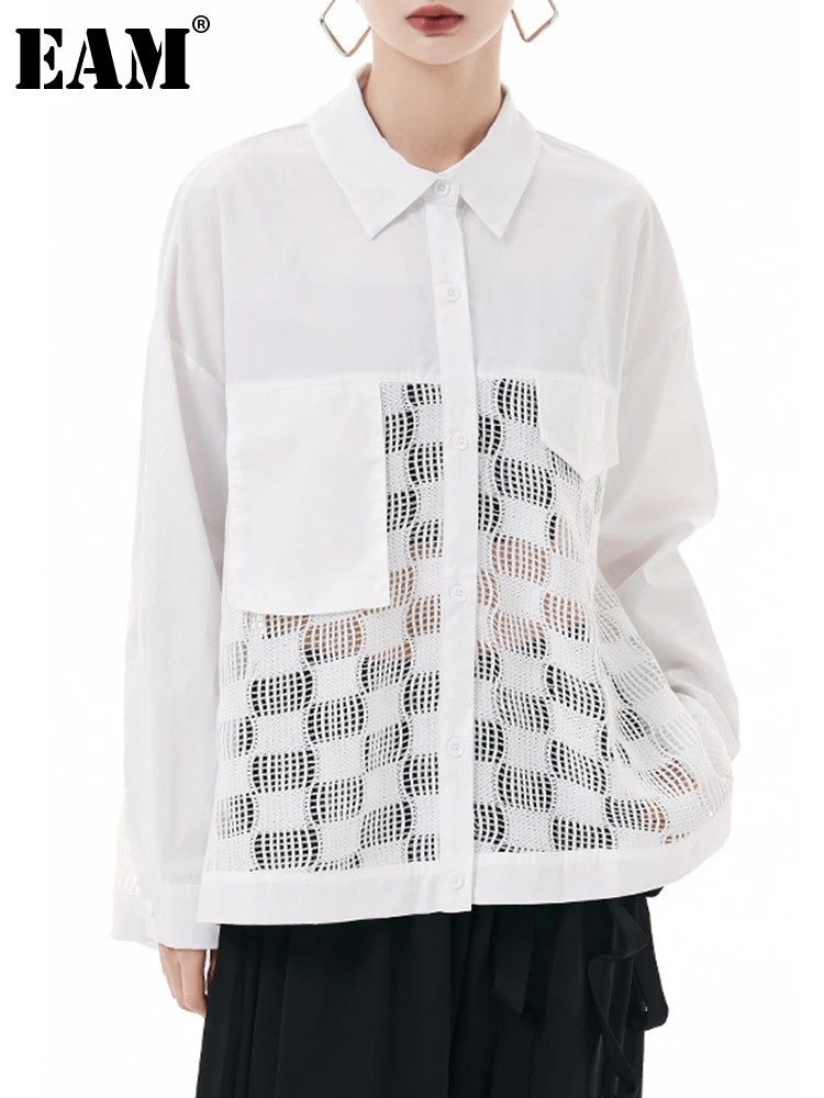 

[EAM] Women White Lace Hollow Out Big Size Blouse New Lapel Long Sleeve Loose Fit Shirt Fashion Tide Spring Autumn 2023 1DH0506