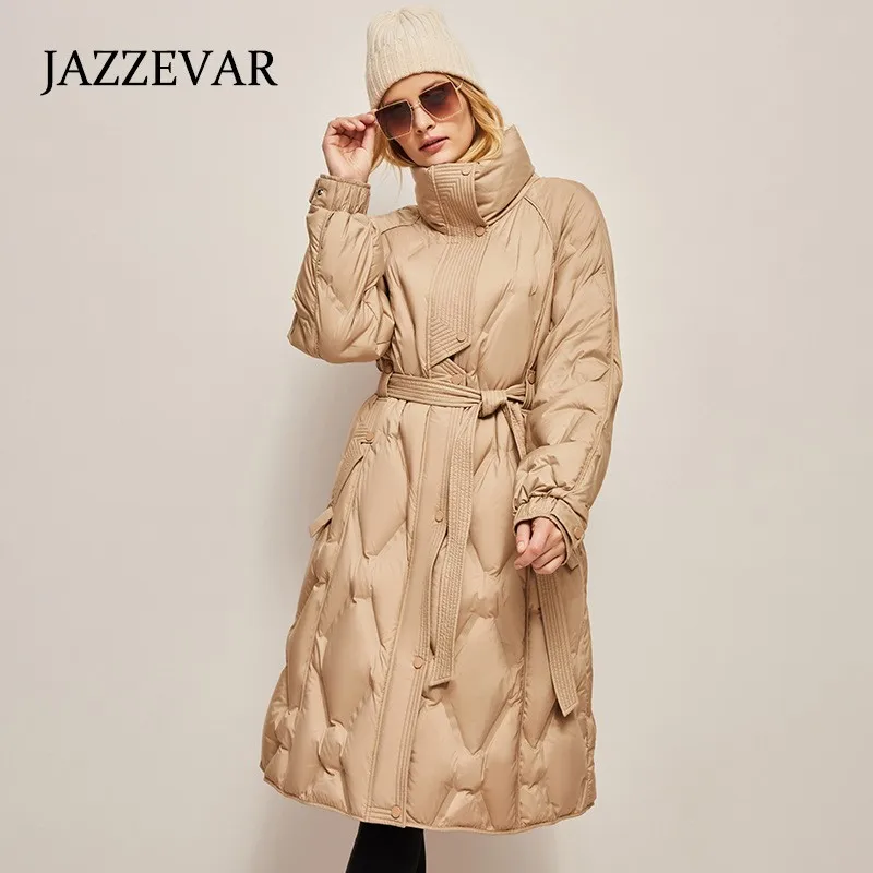 JAZZEVAR Loose and Slightly Waisted Diamond-shaped Long Mid-thick Winter Down Jacket Urban Casual Commuter Wind Warm Coat