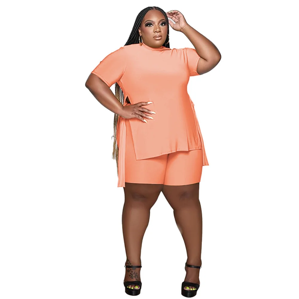 Plus Size Bright Solid Women t Shirt Set Sexy Split Short Sleeves High Waist Shorts Two-piece Set Casual 3xl 4xl 5xl 6xl