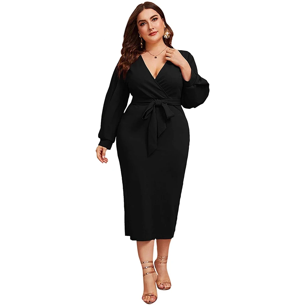 

Women's Plus Size Bishop Sleeve Plunging V Neck Belted Bodycon Dress