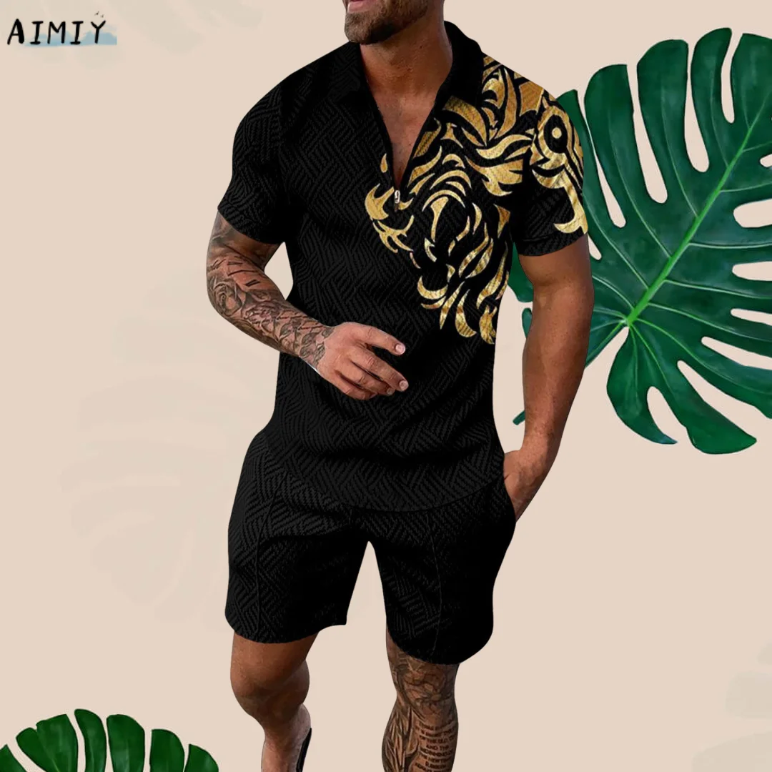 Men's Casual Polo Suit Luxury Printed Lapel Zipper Short Sleeve POLO Shirt + Drawstring Shorts 2-Piece Summer Fashion Party Wear