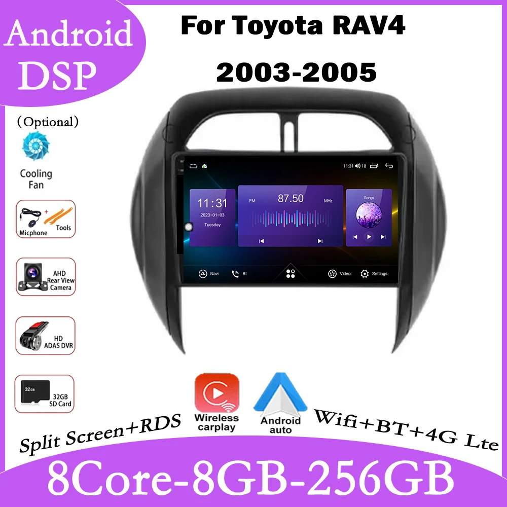 9-дюймовый для Toyota RAV4 2003-2005 Android 14 Автомобильный QLED-навигатор GPS Стерео Экран Авто 4G