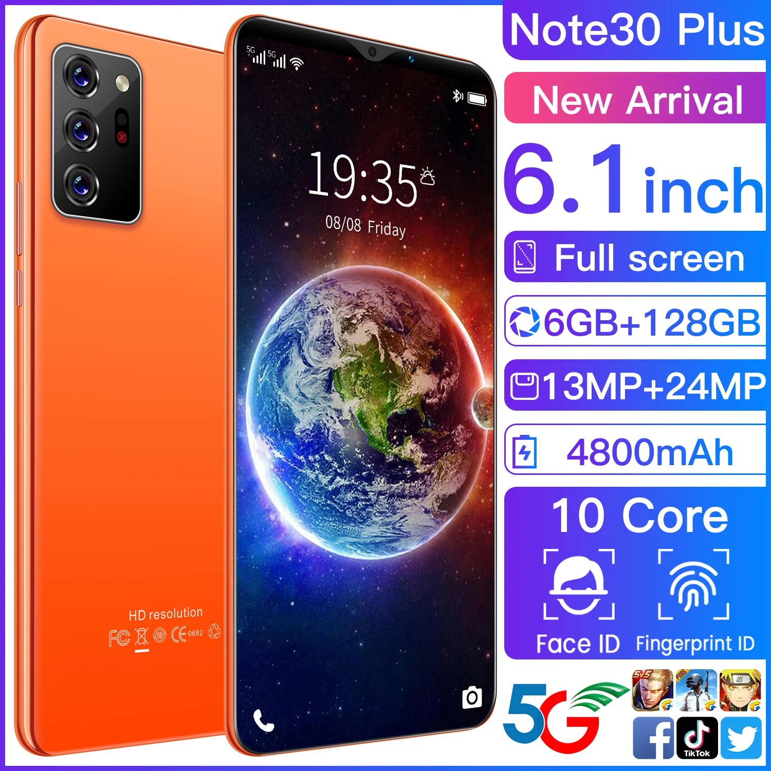 Смартфон Note30 Plus 6 1 дюйма 8 + 128 ГБ 13 24 Мп 10 ядер 4800 мАч Android 0 MTK6889 две SIM-карты сканер