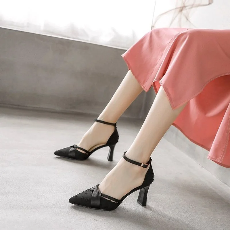 

Pointed Toe Slingback Women Pumps Thin Heel Buckle Strap Summer Shoes Solid Satin Bead Design Casual Wear Sandals