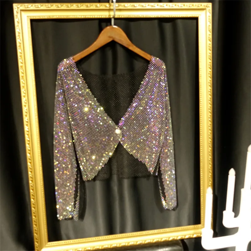 

New Disco Sexy Light Diamond Crystal Mesh Shirt Top Bling Temperament Full Rhinestone Outer Wear Causla Cropped Jacket Coat