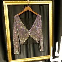 new disco sexy light diamond crystal mesh shirt top bling temperament full rhinestone outer wear causla cropped jacket coat