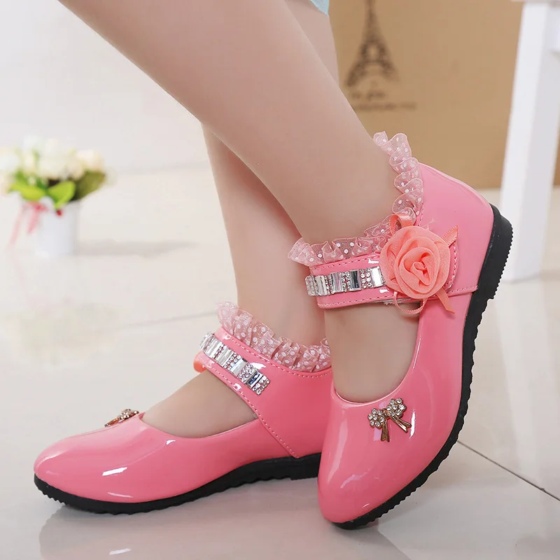 

Children Elegant Sweet Princess Leather Flat Shoes Kids Casual Loafers Girls Wedding Dress Party Beaded Pink Flowers Bow Shoes