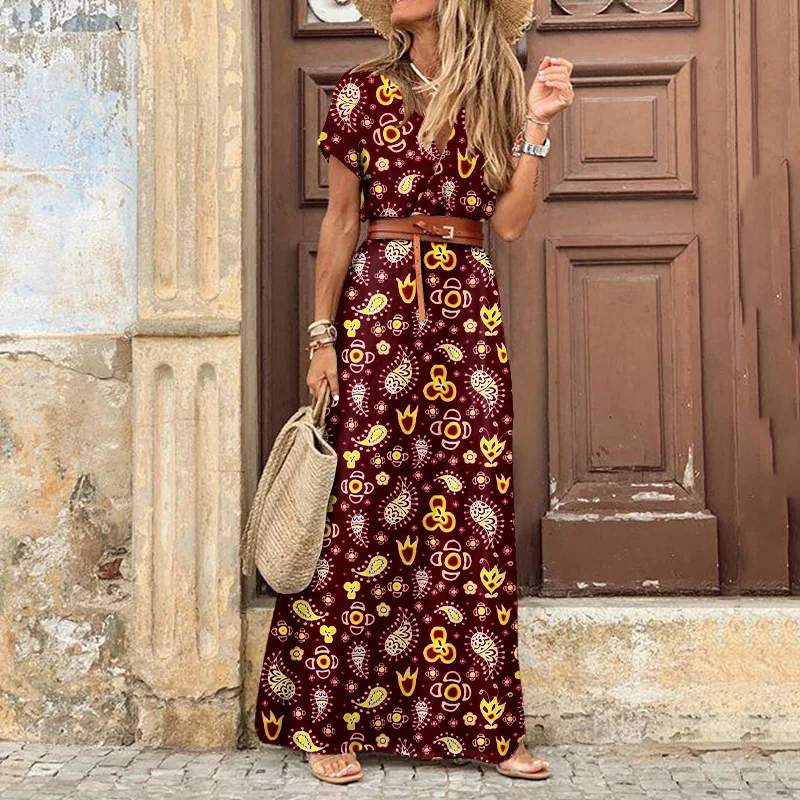 

2022 Womens Print V-Neck Floral Boho Long Dress Vestidos Beach Short Sleeve Elegant Dress Vintage Bohemian Plus Size Dresses New