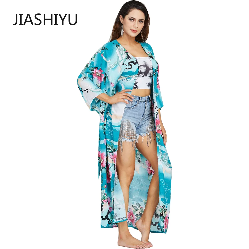 CHILI GIRL Oversize Beach Cover Up Kimono Vintage Print Floral Holiday Bikini Outing Boho Loose Long Cardigan Orange Covers New images - 6