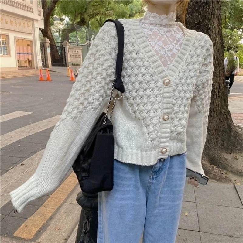 

Woman Knitted Cardigan Long Sleeve Knitted Sweater Female Short Cropped Cardigan Ladies Loose V-neck Solid Thin Tops Jumper G238