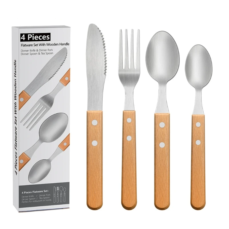 Набор столовых приборов из нержавеющей стали с деревянной ручкой 4 шт. |