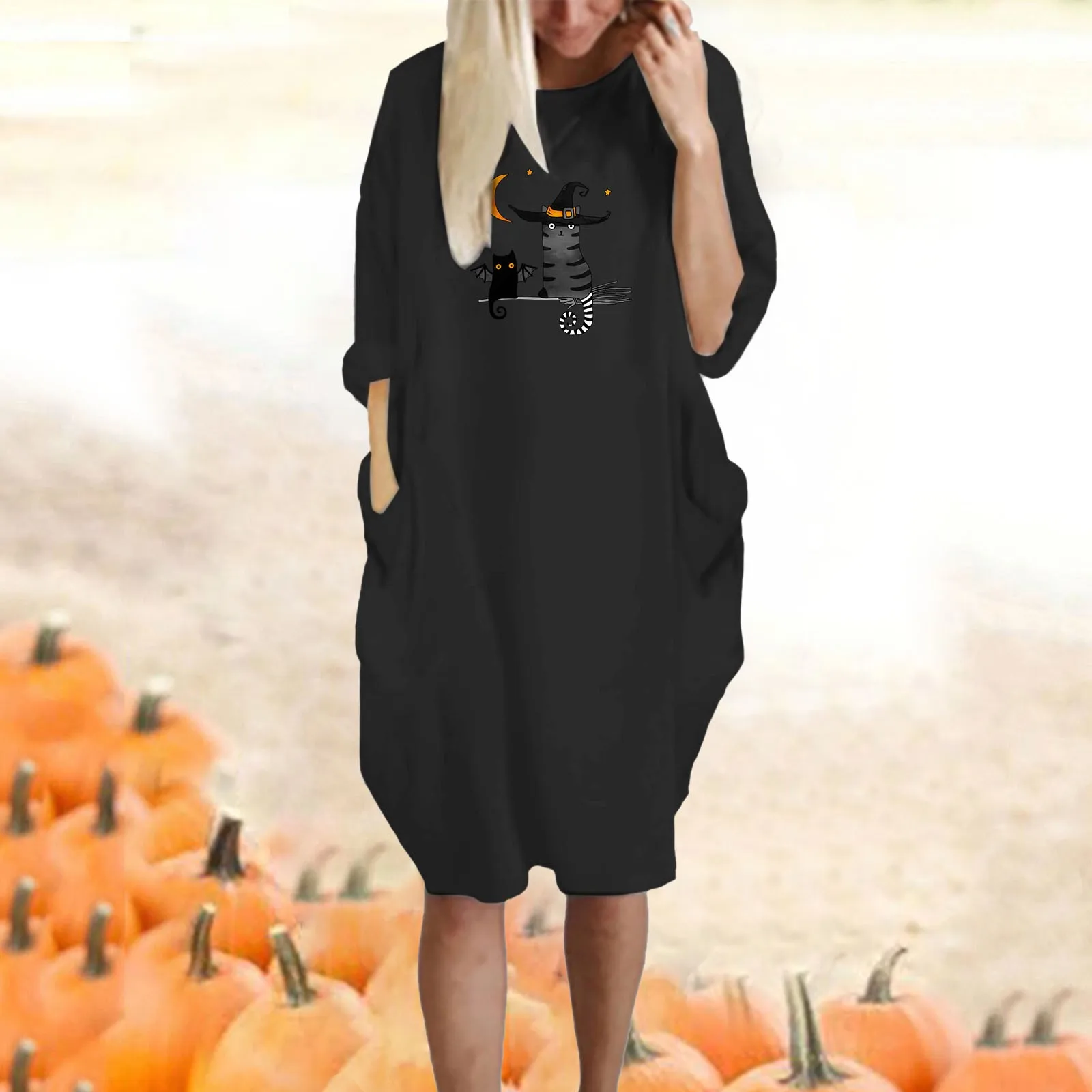 

Платье-миди женское с графическим принтом, круглым вырезом и карманами