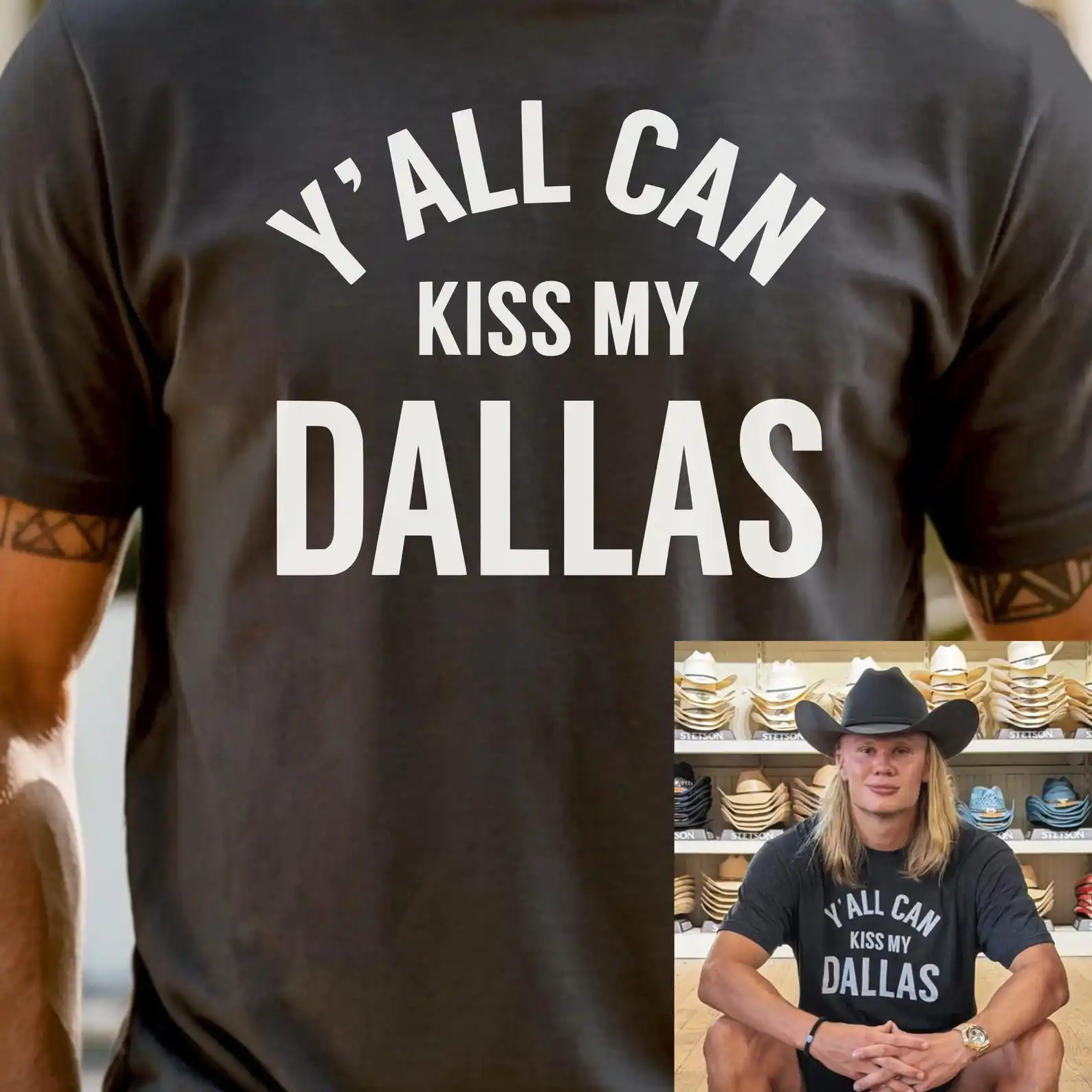 Фото Футболка Erling Haaland Y'all Can Kiss My Dallas, забавная футболка с надписью Texas Funny, футболка 2026, футболка с изображением норвежского футболиста, унисекс, хлопковая, Норвегия №1