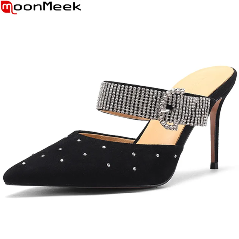 

MoonMeek 2022 New Hot Sale Kid Suede Sandals Woman Slip On Thin High Heels Shoes Metal Decoration Ladies Solid Party Shoes